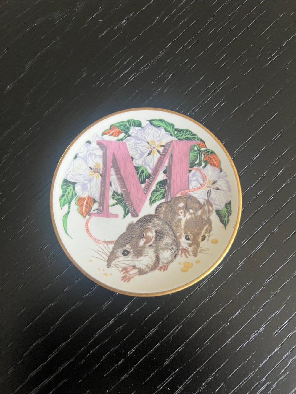 Franklin Mint Ceramic Mini Plate with Pink Letter M and Mice